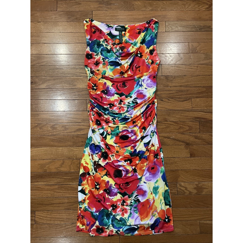 Lauren Ralph Lauren Floral Cowl Neck Ruched Sheath Dress Size 10 Colorful